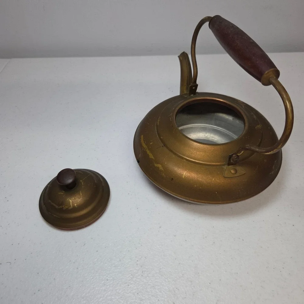 Vintage Revere Ware Copper Tea‎ Kettle Brass Handle Wood Grip 6 Cup 8X6